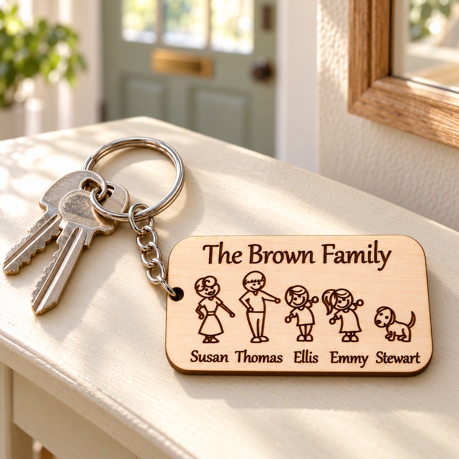 Personalised wooden family portrait keyring with engraved names and a dog, attached to house keys on an ivory hallway console