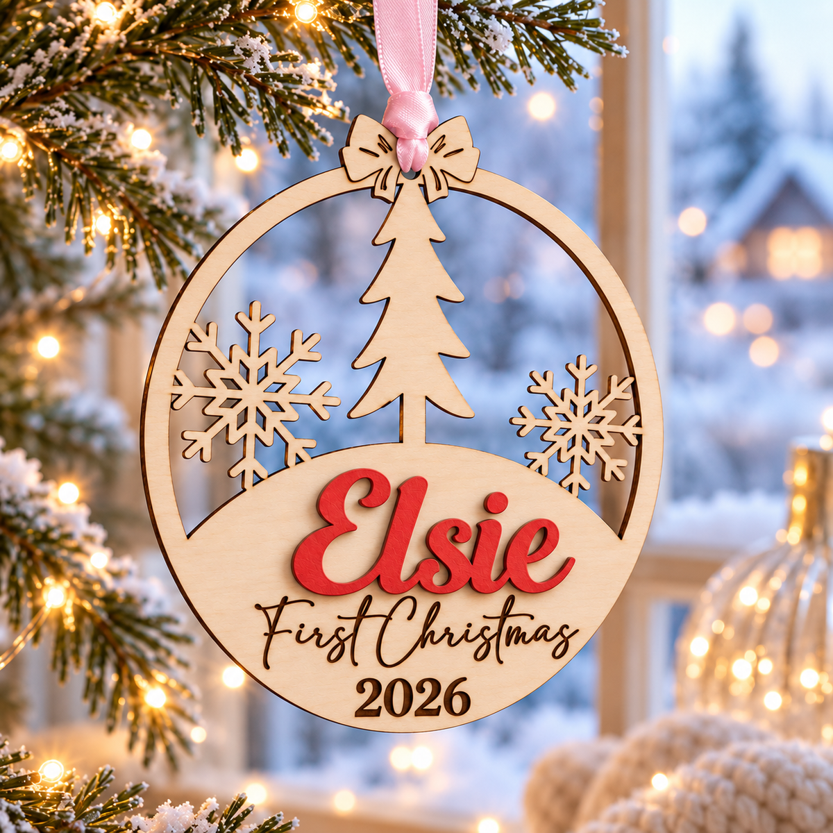 Personalised wooden first Christmas ornament with raised Christmas red name Elsie and engraved year against winter greenery