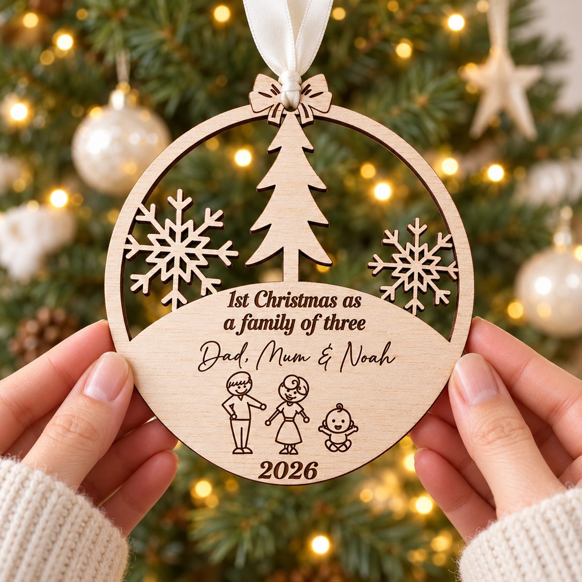 Personalised wooden first Christmas as a family of three bauble with Dad, Mum and baby Noah, held beside a Christmas tree