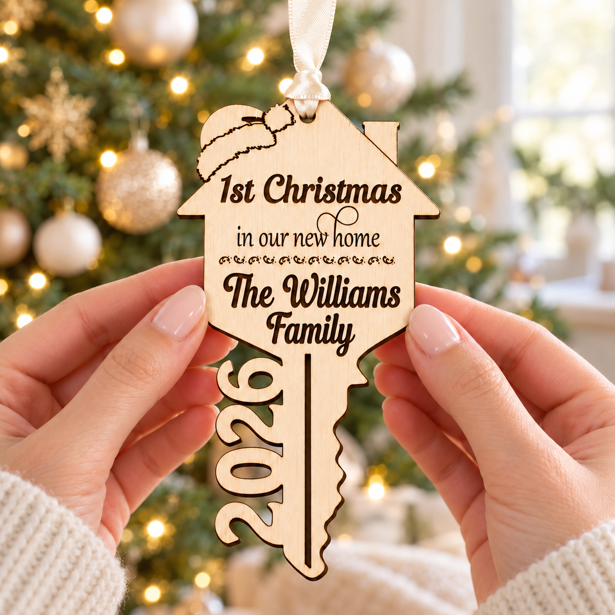 Personalised first Christmas in new home wooden key bauble engraved The Williams Family and 2026, held in hands in front of a Christmas tree