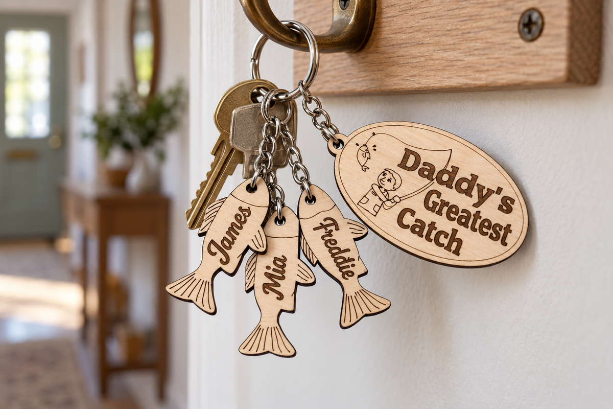 Personalised fishing keyring with children's names and house keys hanging from a hallway hook