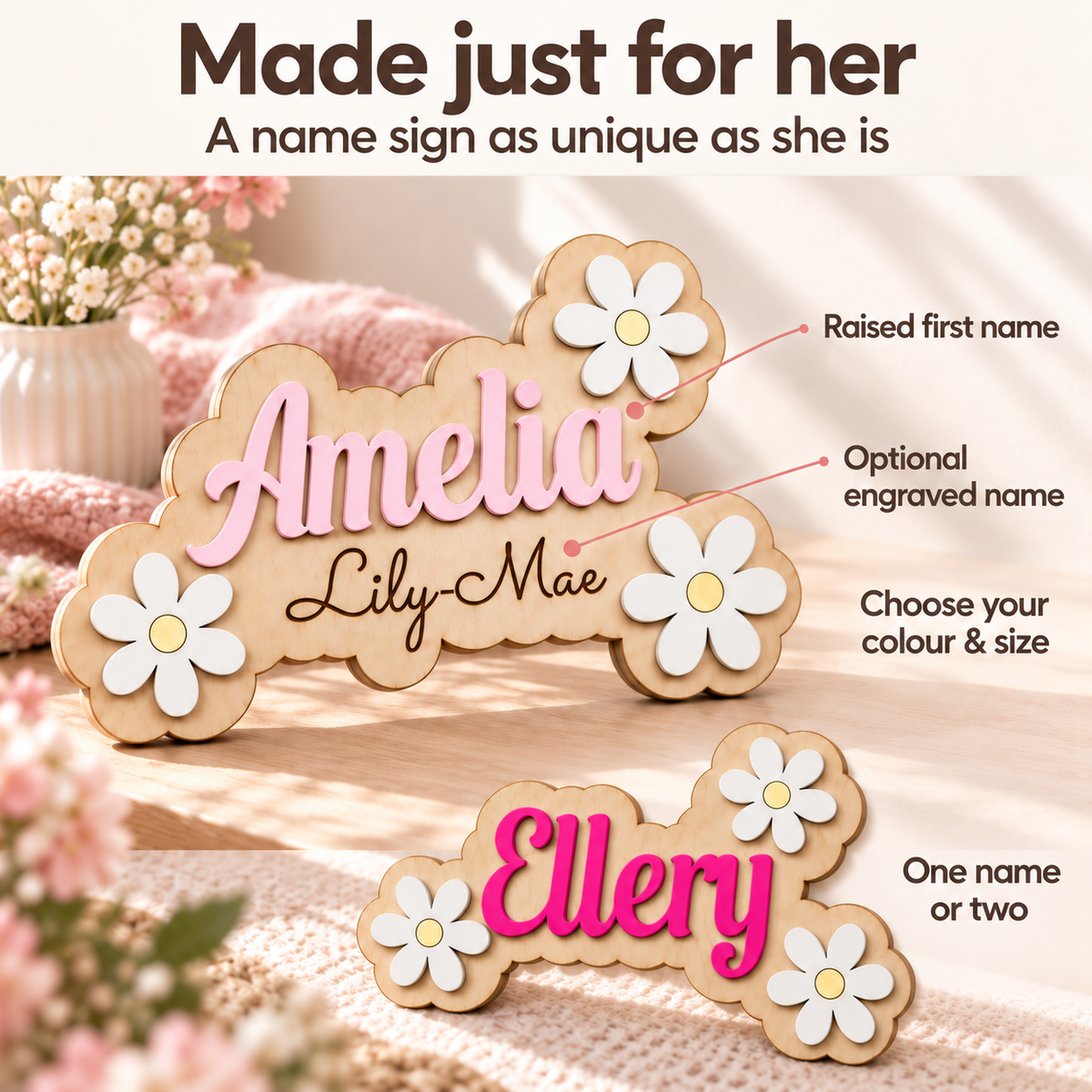 Name sign personalisation guide showing raised first names, an optional engraved second name, and colour and size choices.