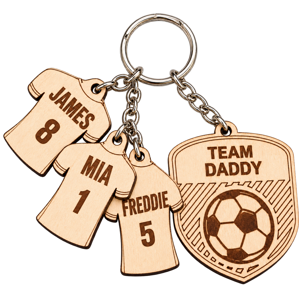 Isolated Team Daddy wooden football keyring with three personalised name and number shirt charms