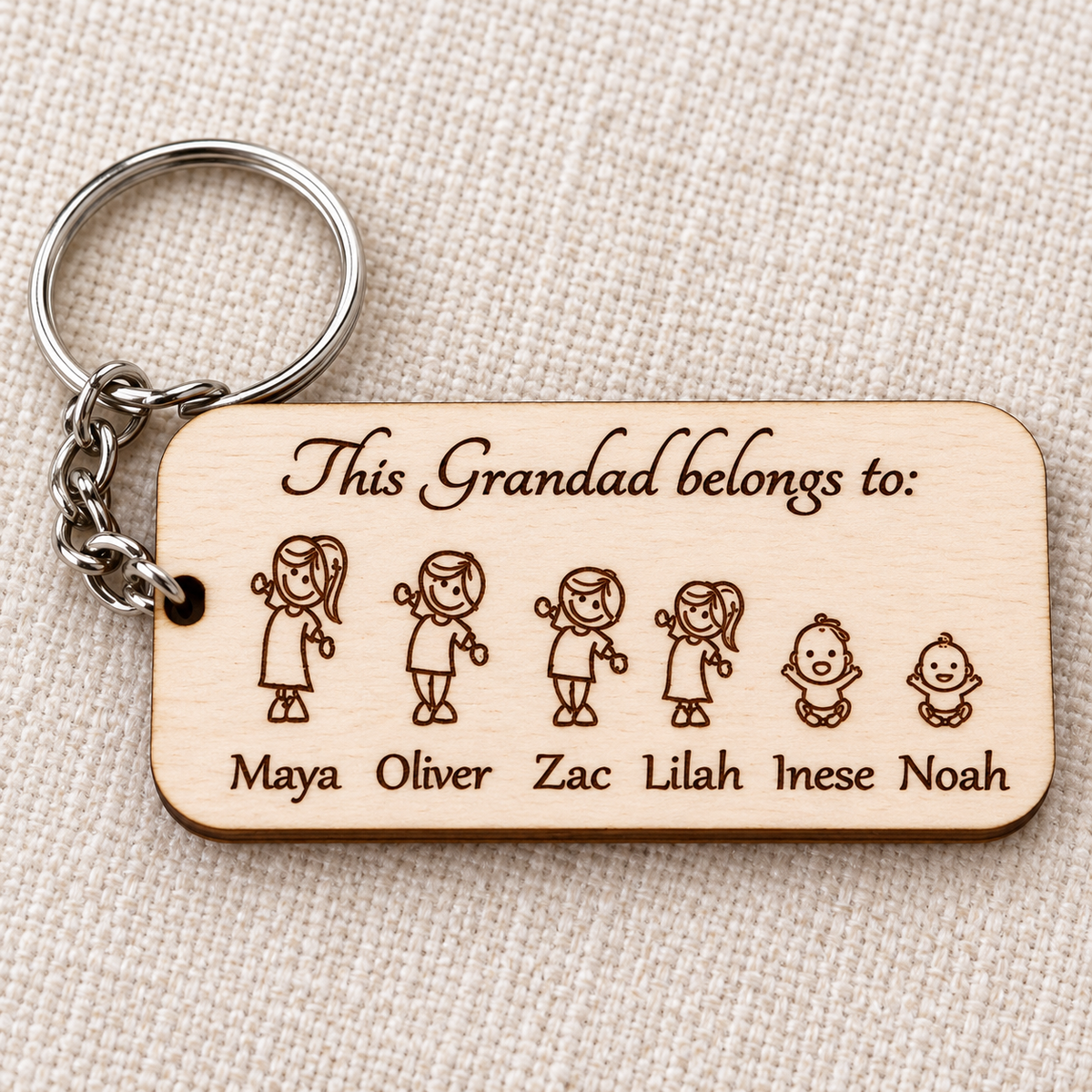 Close-up of the natural birch plywood edge and laser-engraved grandchildren figures and names on a Grandad keyring