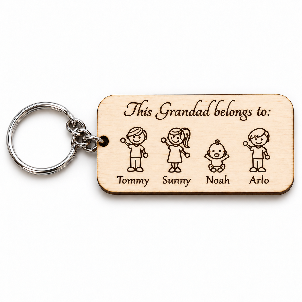 This Grandad belongs to wooden keyring on white background with four engraved grandchildren and names Tommy, Sunny, Noah and Arlo