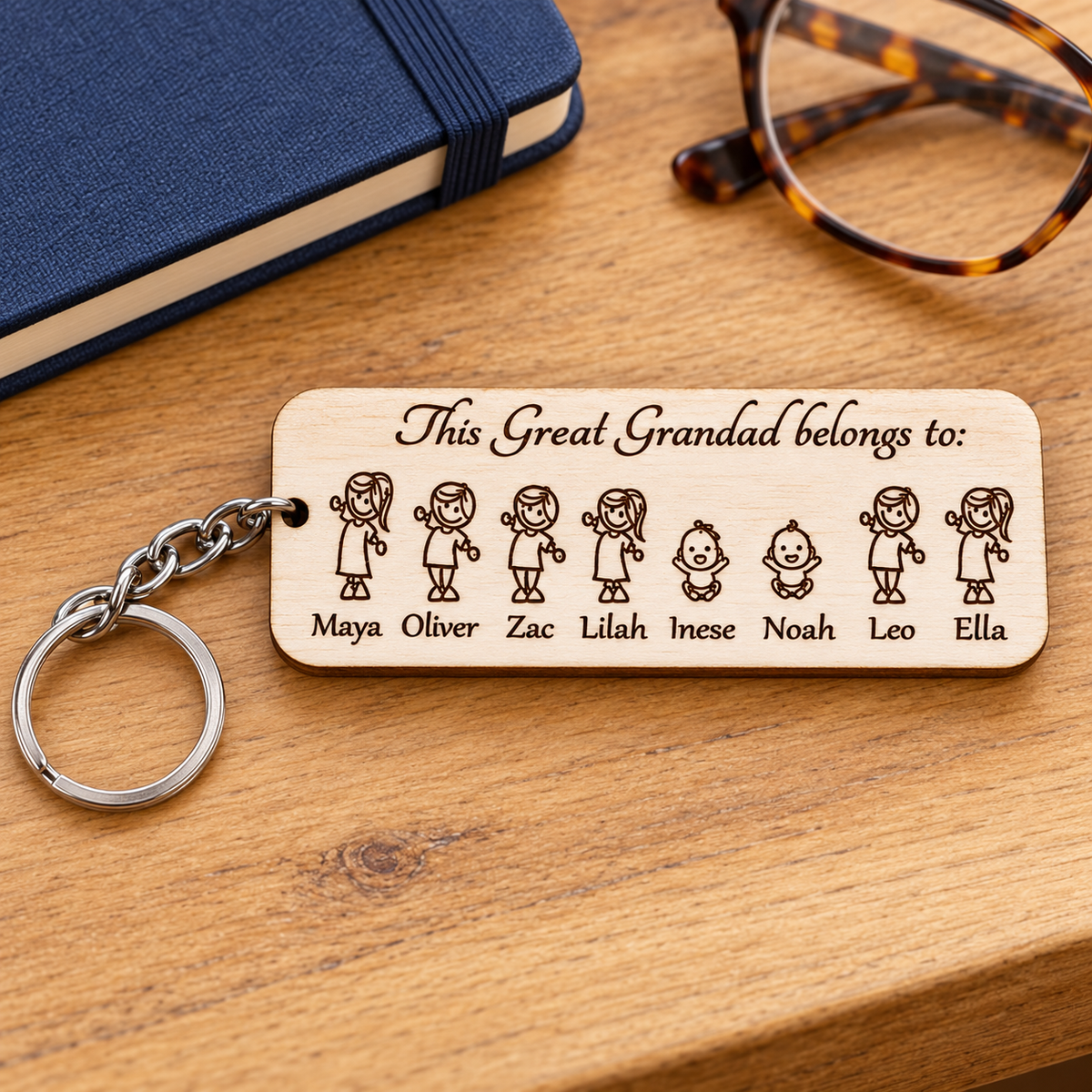 This Great Grandad belongs to engraved wooden keyring showing eight grandchildren and their names