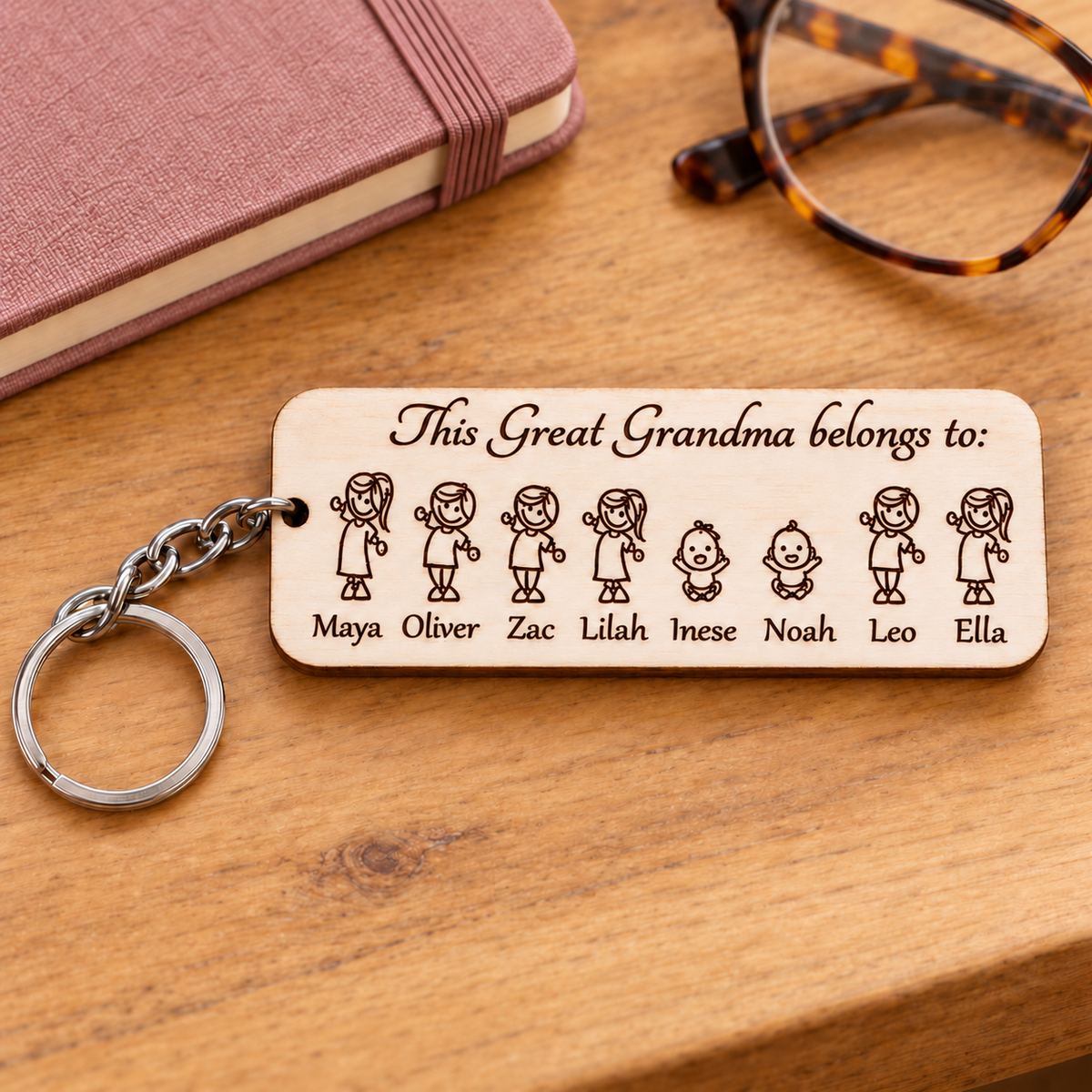 This Great Grandma belongs to personalised wooden keyring with eight named grandchildren