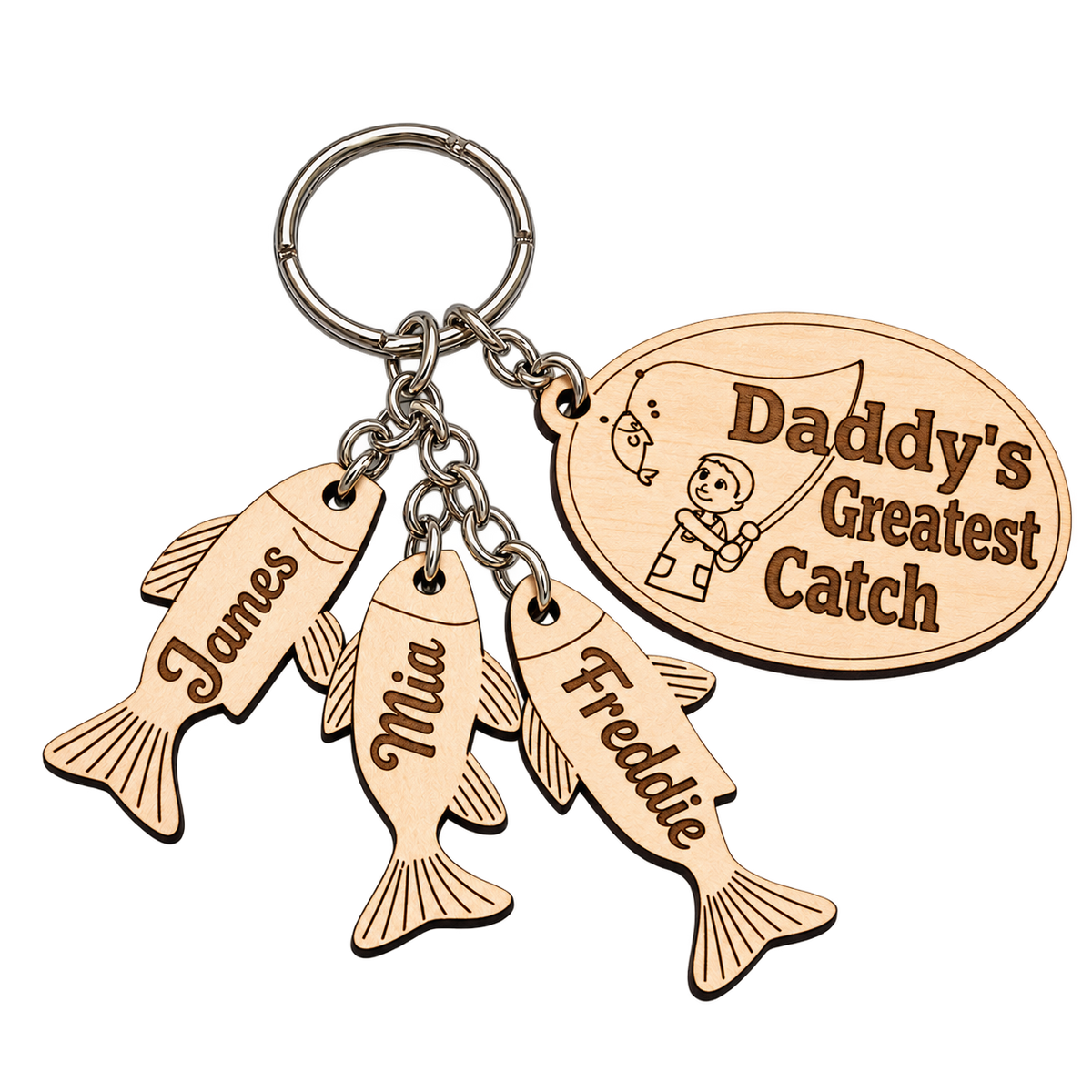 Isolated Daddy's Greatest Catch fishing keyring with three named wooden fish charms and silver-coloured fittings