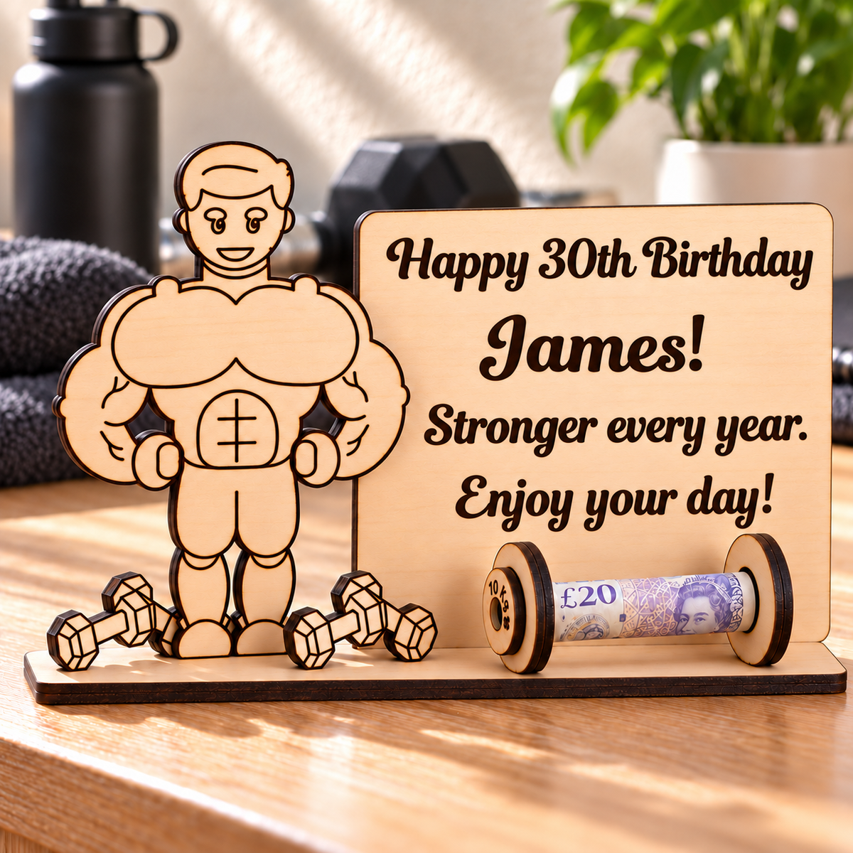 Personalised gym money holder with Happy 30th Birthday James message and rolled banknote