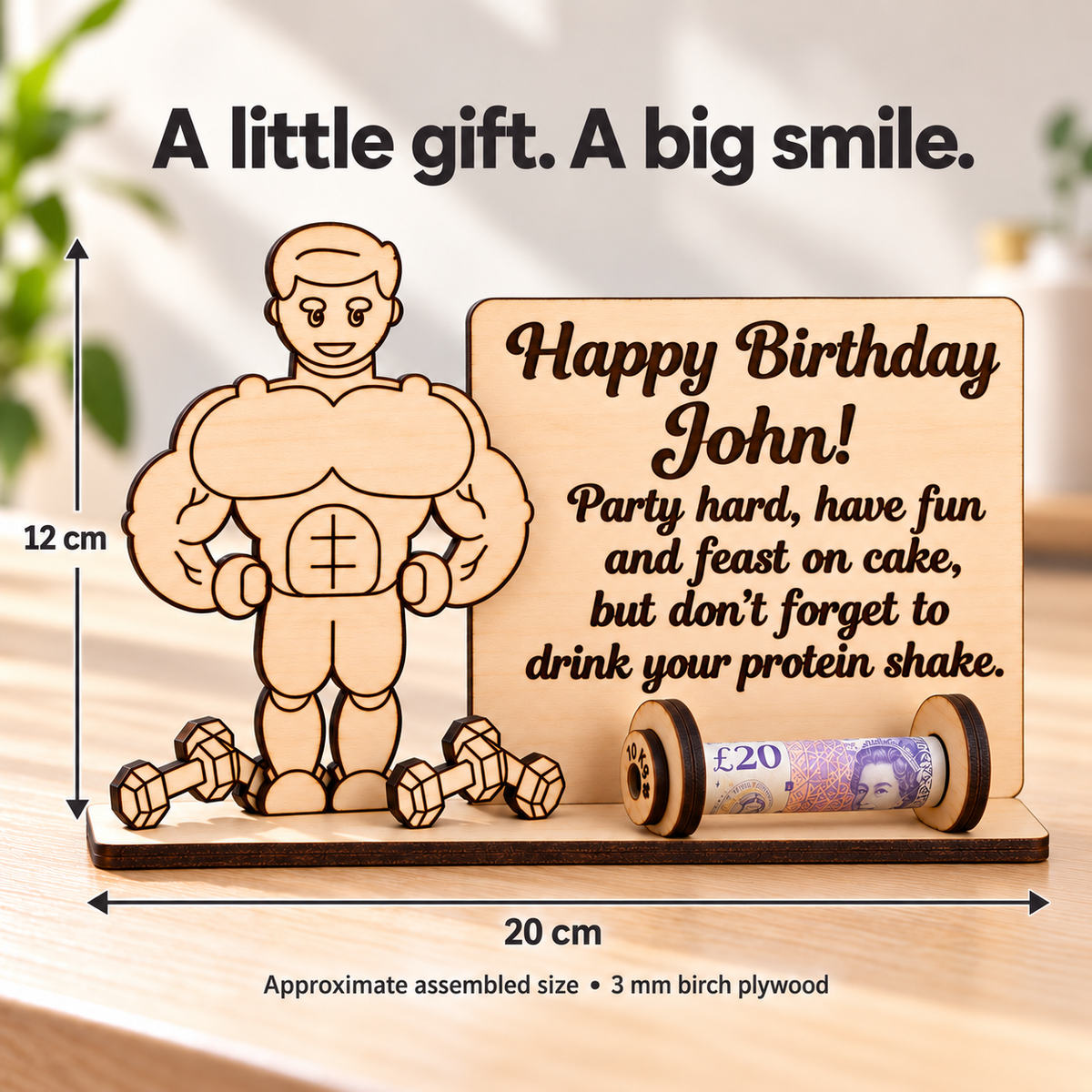 Gym money holder dimensions: approximately 20 cm wide and 12 cm tall, made from 3 mm birch plywood