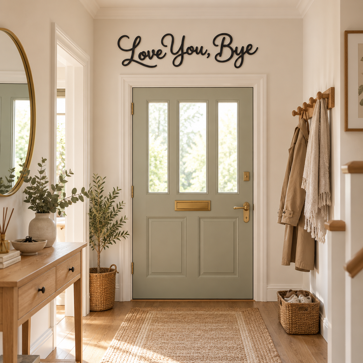 Black Love You, Bye wooden lettering mounted on the wall above the front door inside a furnished hallway.