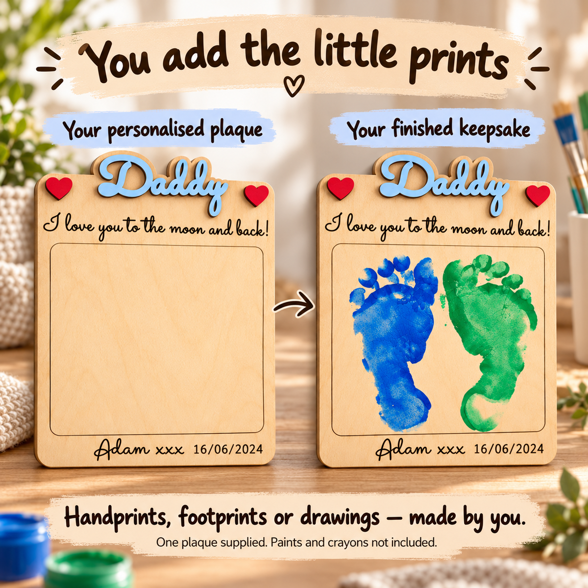 Blank personalised wooden plaque beside an example finished with blue and green footprints; prints are added at home.