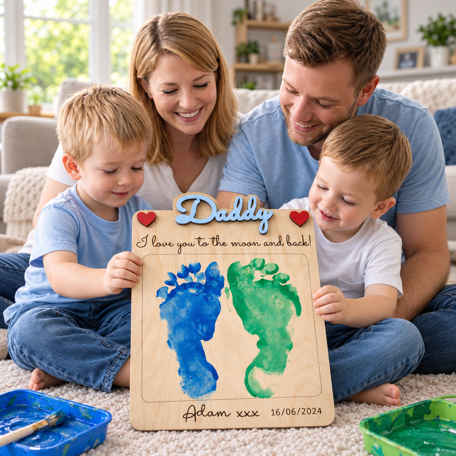 Family holding a personalised Daddy wooden handprint and footprint plaque, with blue raised lettering and blue and green footprints.
