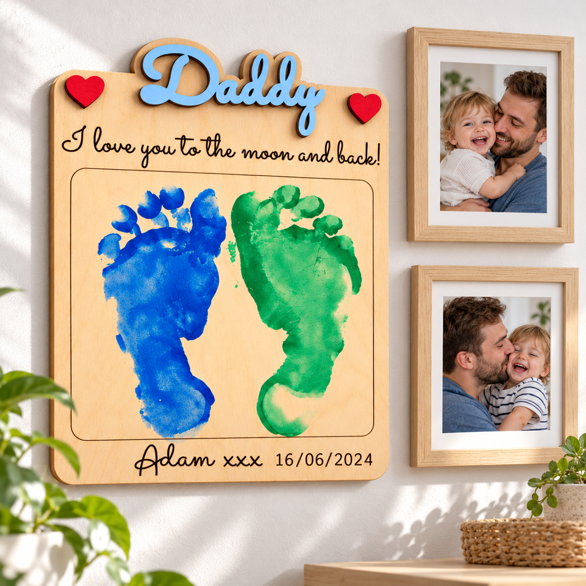 Portrait wooden Daddy footprint keepsake displayed beside family photos, with a personalised engraved message and date.