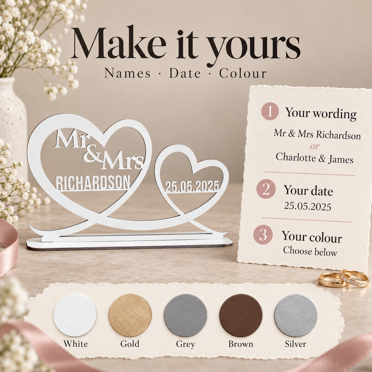 Personalisation guide showing Mr and Mrs surname or first names, special date and five available colours