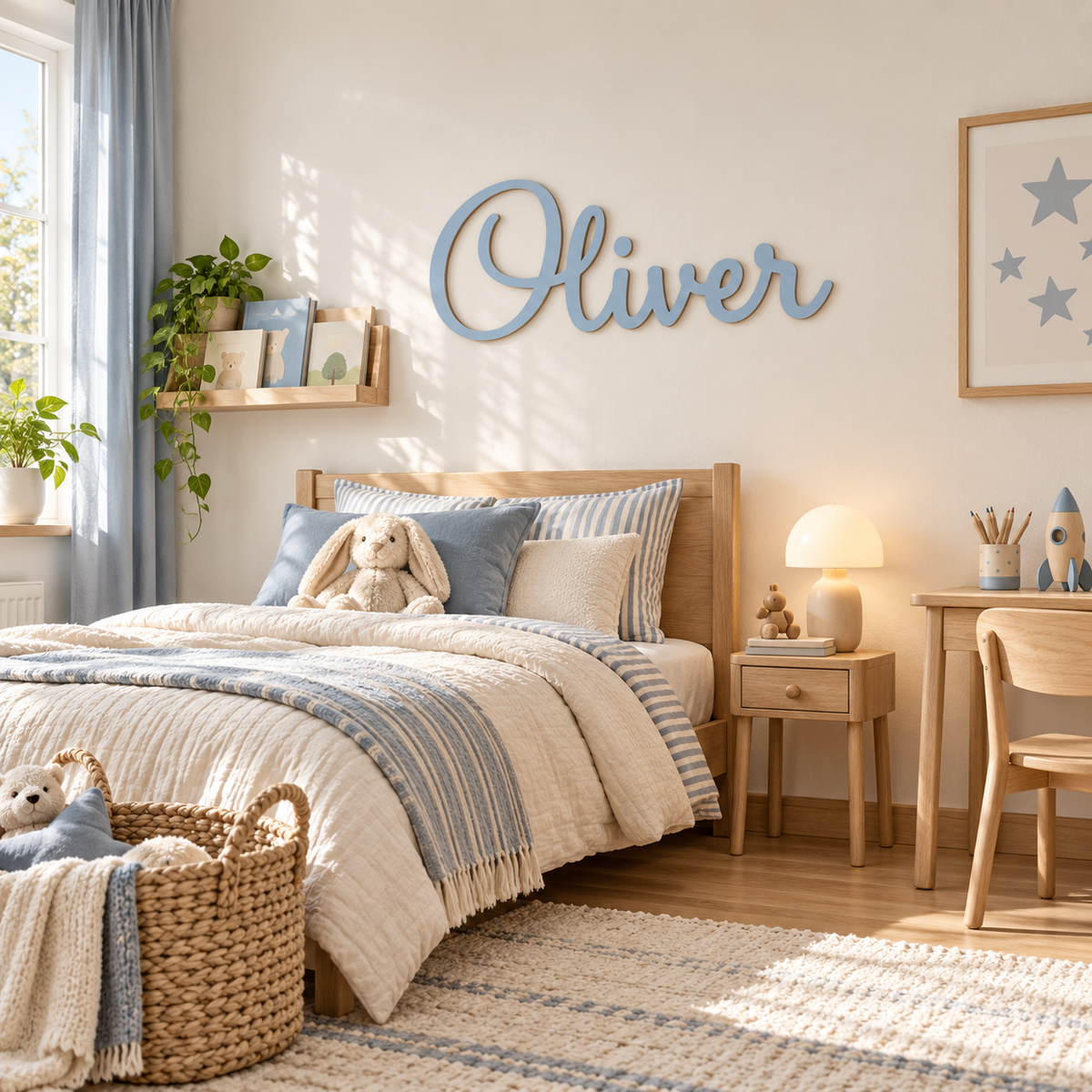 Pastel blue Oliver wooden name sign above an oak bed in a child's bedroom with books, toys and a desk.