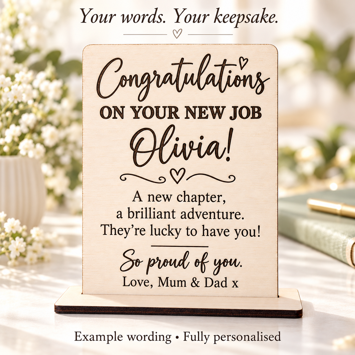 Custom wooden new job card for Olivia with a fully personalised congratulations message
