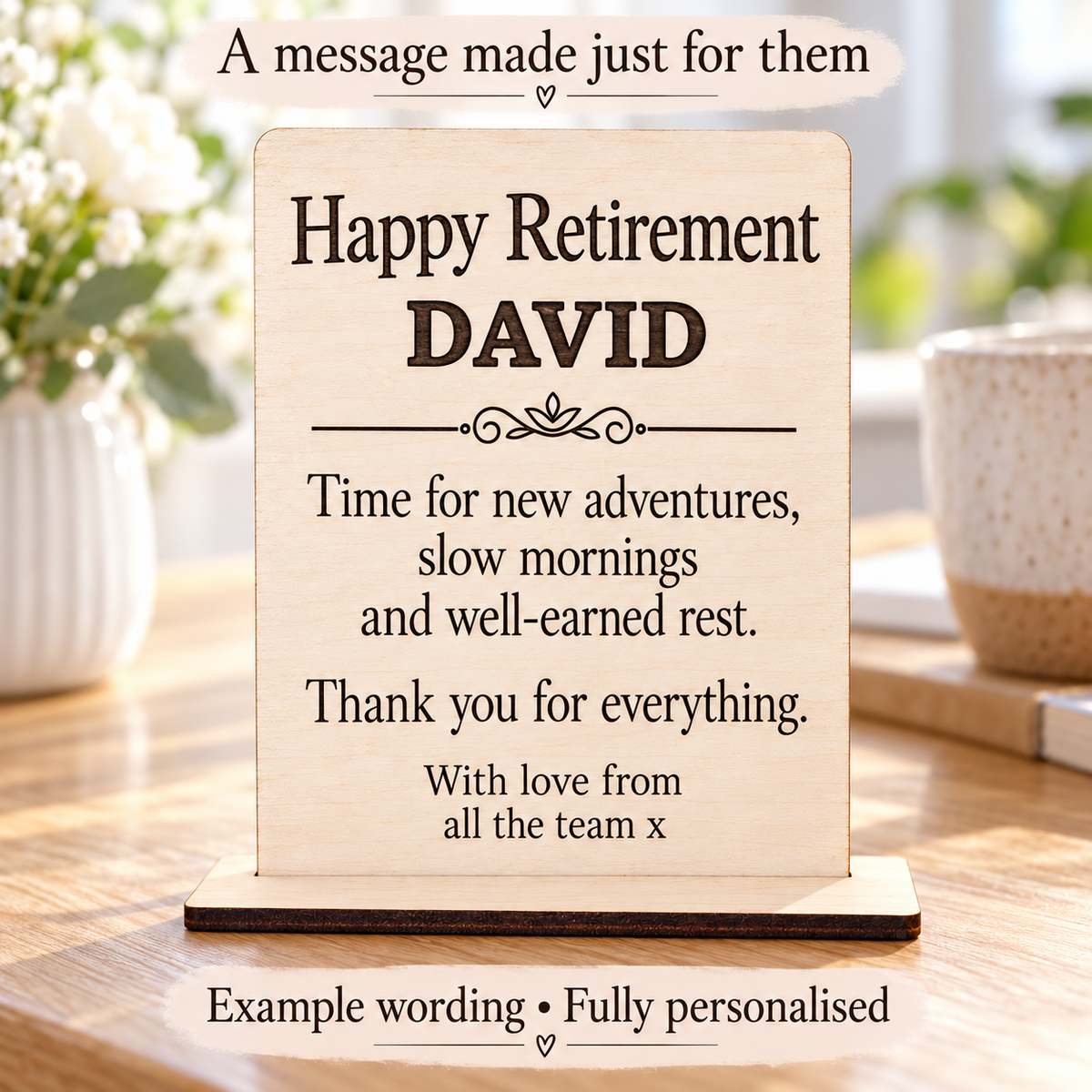 Personalised wooden retirement card for David with a message from colleagues