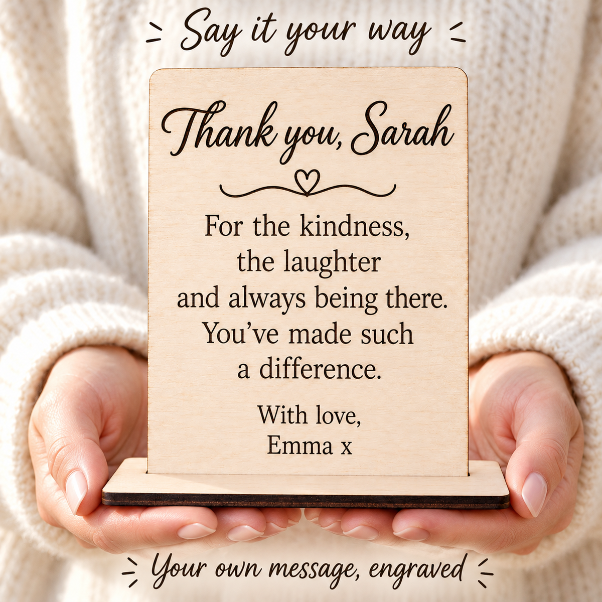 Wooden thank you card held in hands with a fully custom message for Sarah