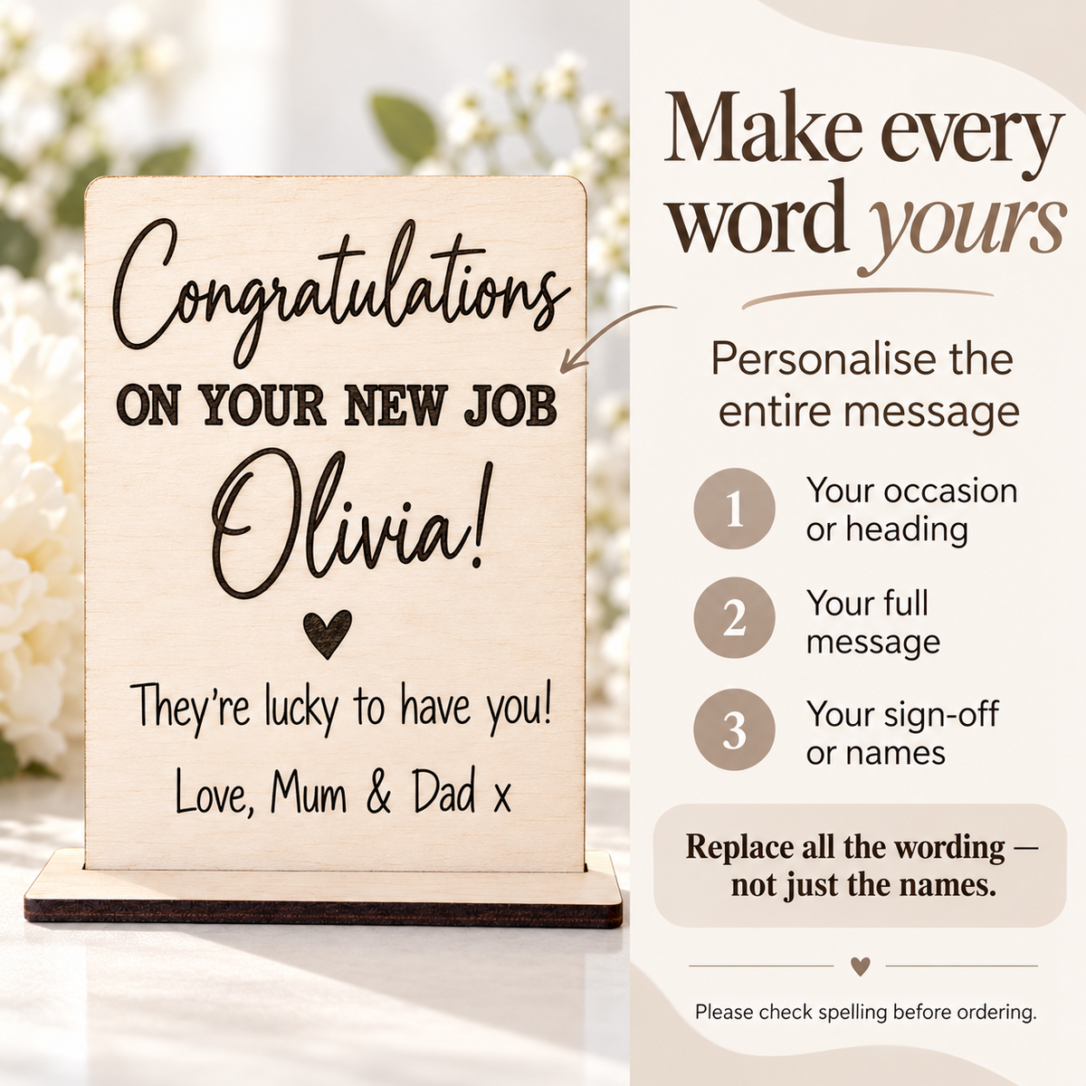 How to personalise the entire wooden card with your heading, message and names