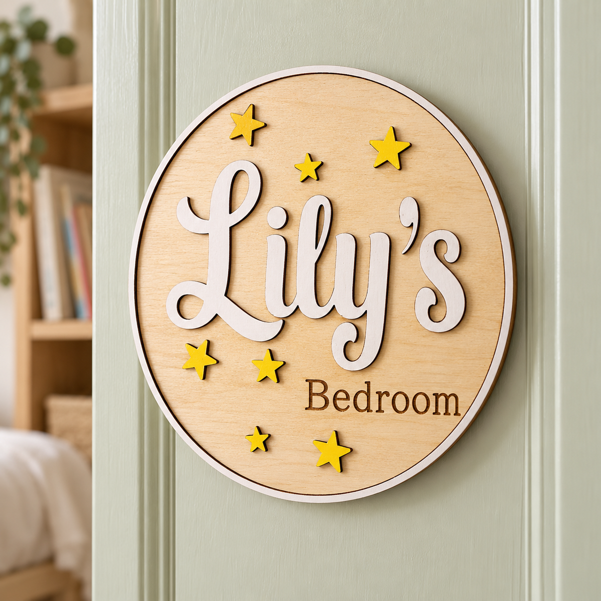 Personalised Lily’s Bedroom wooden door sign with white 3D letters and yellow stars on a sage green door