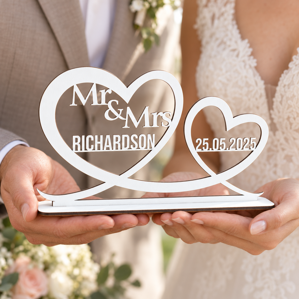 Bride and groom holding a white personalised Mr and Mrs double heart ornament with surname and date on its included stand