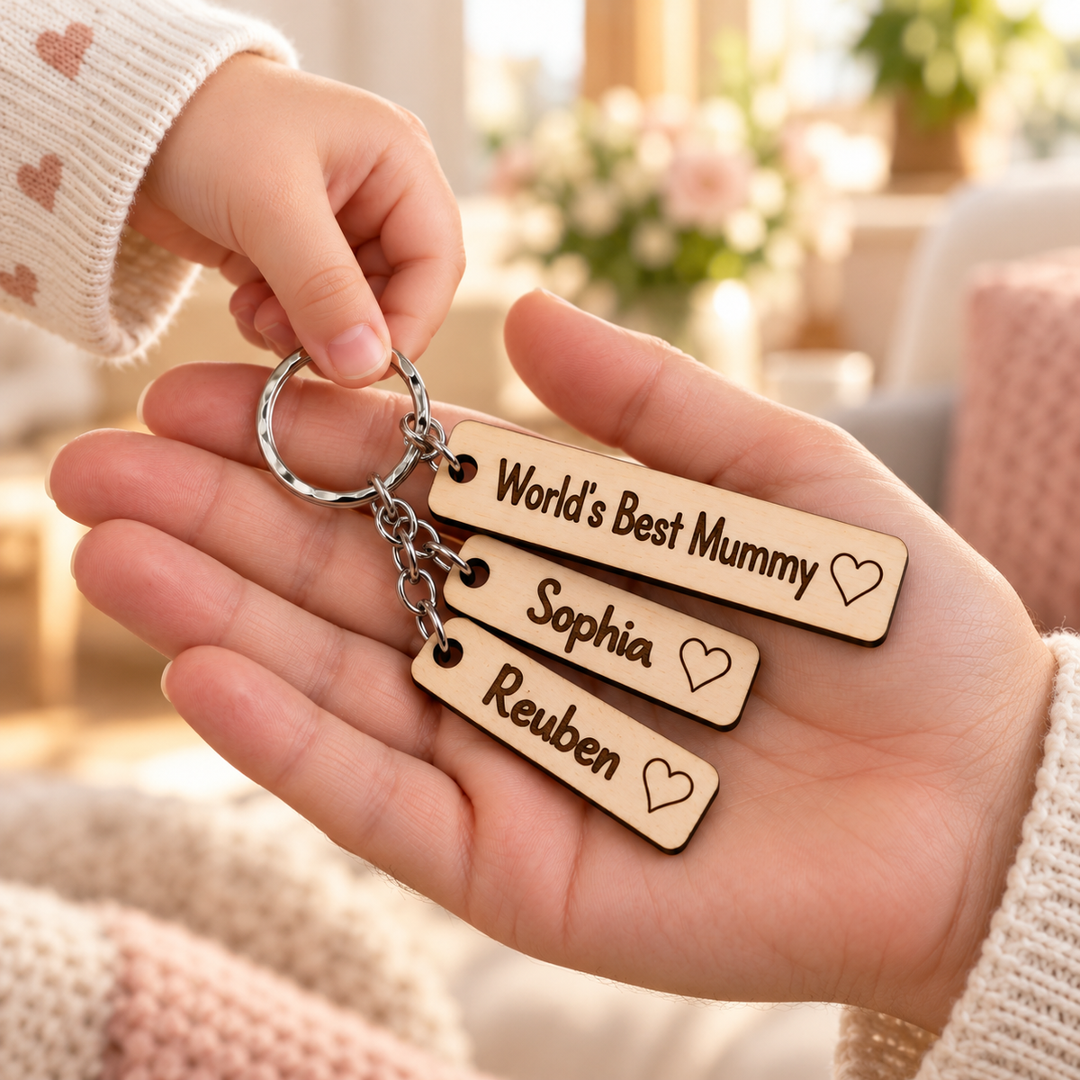 Child giving Mum a personalised World's Best Mummy wooden keyring with Sophia and Reuben name charms.