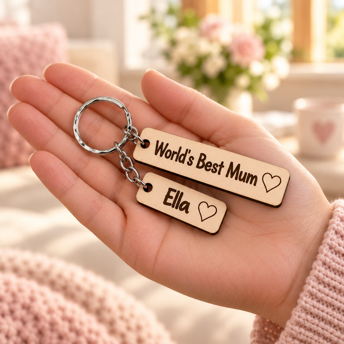 World's Best Mum wooden keyring with Ella name charm shown in an adult hand.