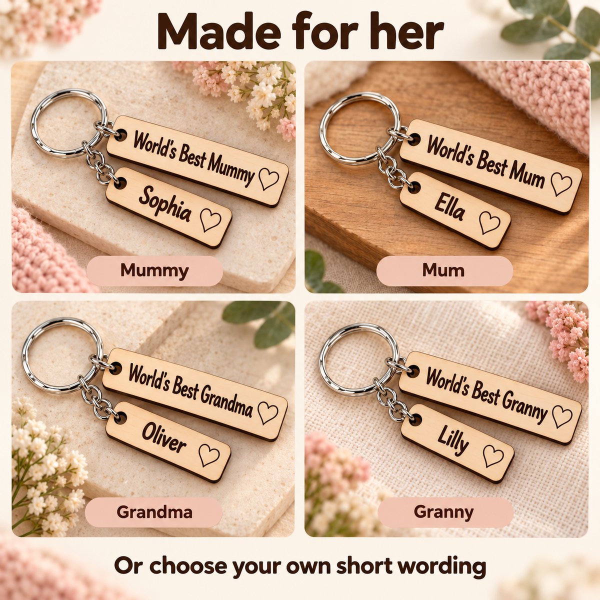 Choose World's Best Mummy, Mum, Grandma, Granny or your own short wording for the main keyring tag.