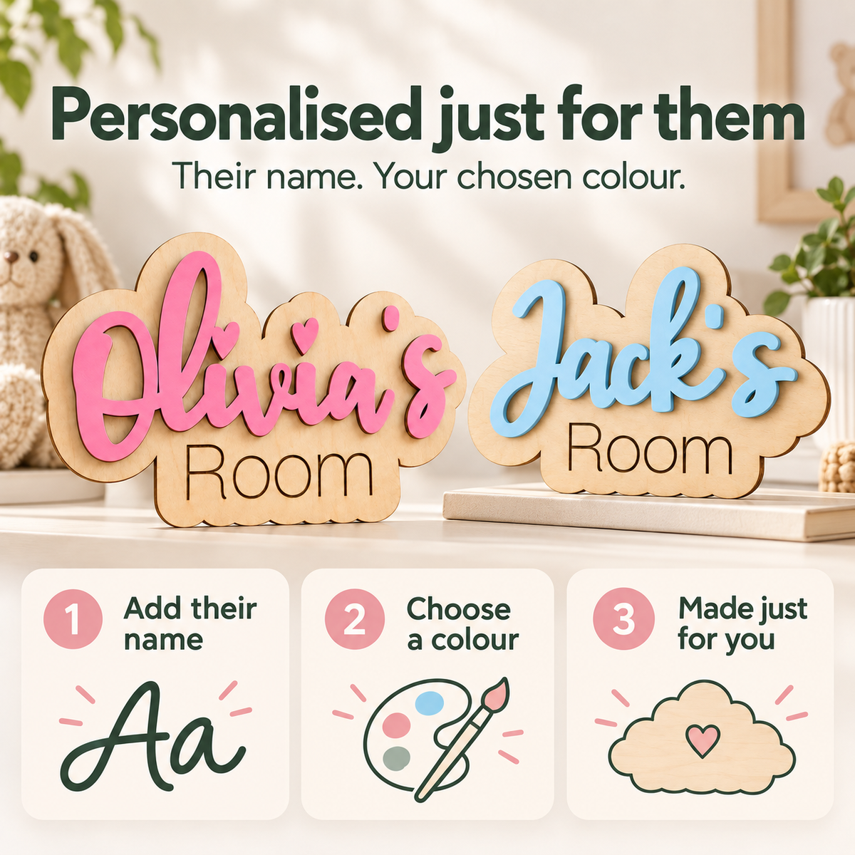 Pink Olivia and blue Jack personalised wooden name signs with steps to add a name and choose a colour