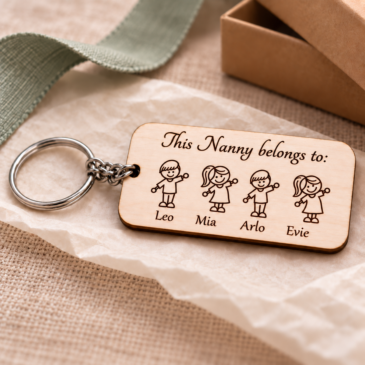 This Nanny belongs to wooden keyring engraved with Leo, Mia, Arlo and Evie