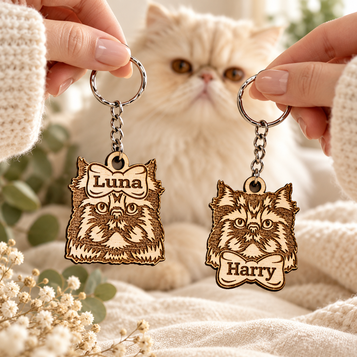 Personalised Persian cat keyrings Luna and Harry held in hands with a fluffy ivory Persian cat in the background