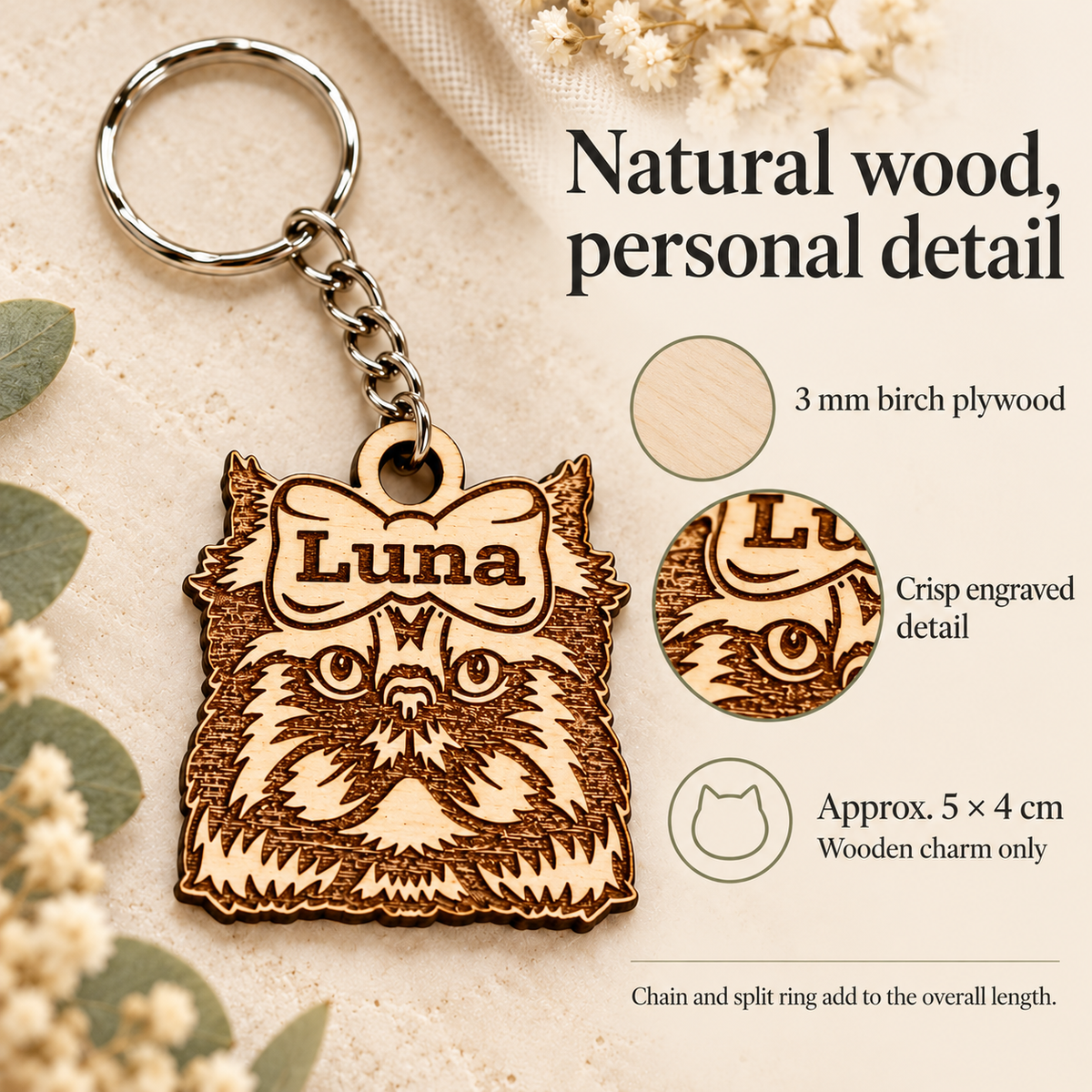 Natural 3 mm birch plywood Persian cat keyring with crisp engraving and approximate wooden charm size of 5 by 4 cm
