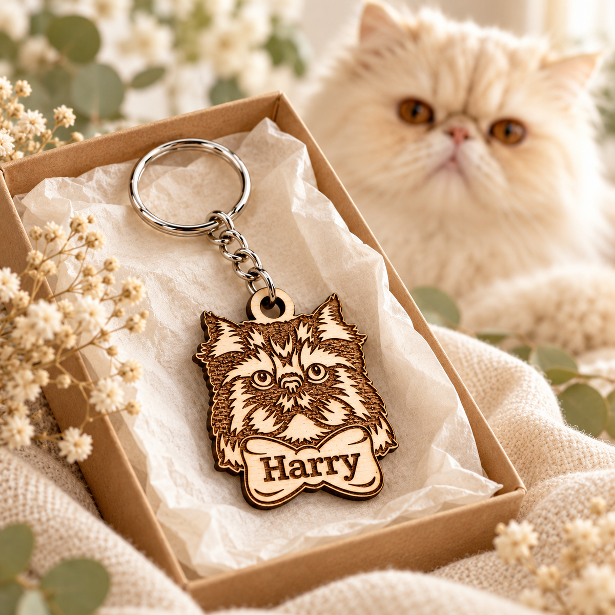 Harry Persian cat keyring in a gift arrangement with a fluffy ivory Persian cat in the background