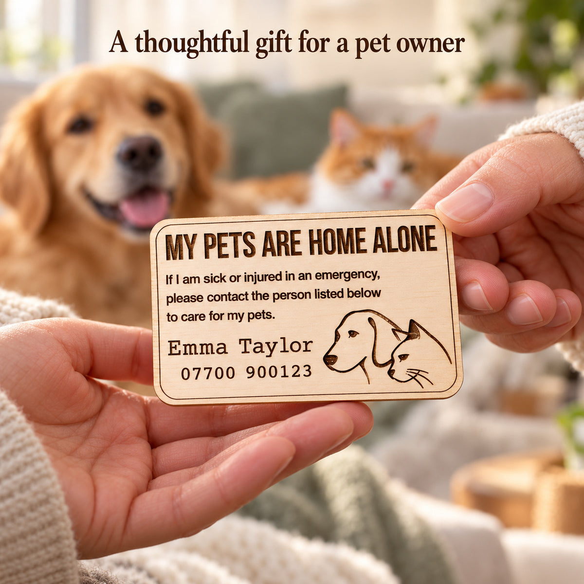 A personalised wooden pet emergency card being given as a practical gift for a pet owner.