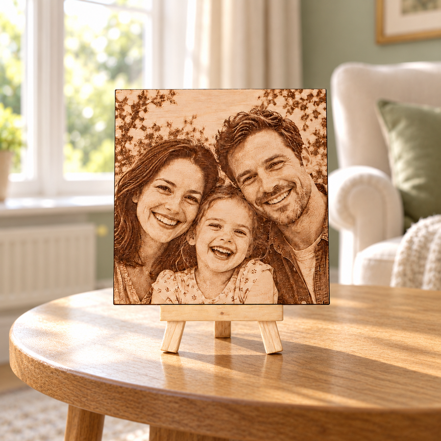 Personalised family photo engraved on a birch wood plaque with the included mini wooden easel in a bright living room