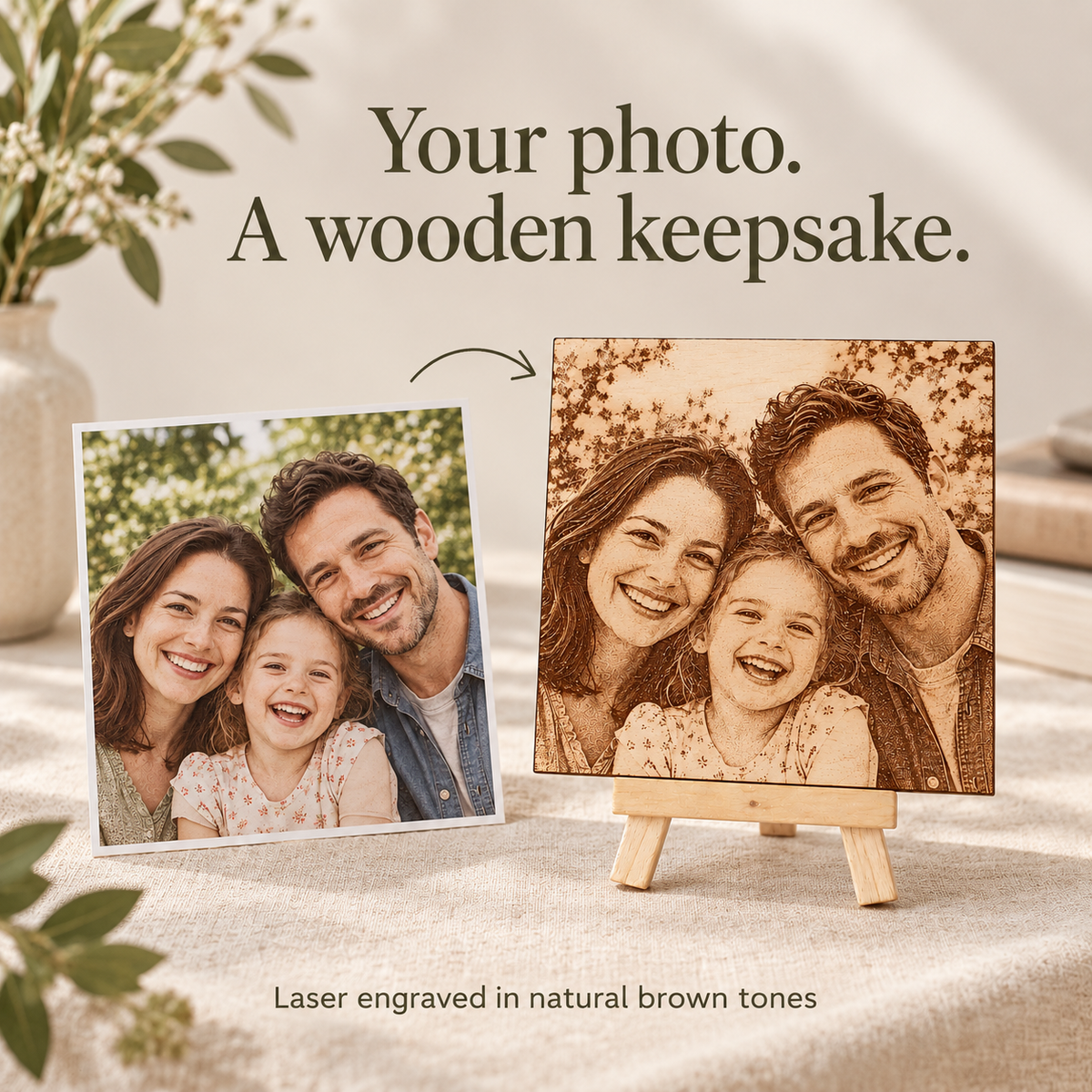 Original colour family photograph compared with the same portrait laser engraved on a square birch wooden keepsake