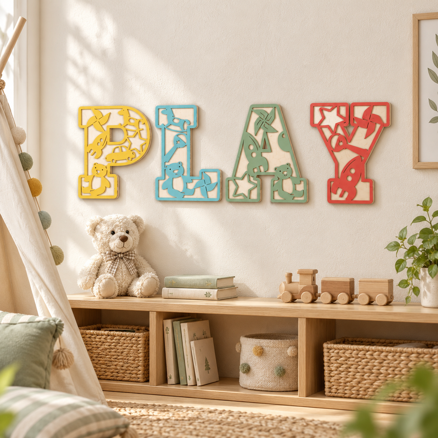 PLAY wooden wall letters in Yellow, Pastel Blue, Sage Green and Red with natural birch back layers in a bright playroom