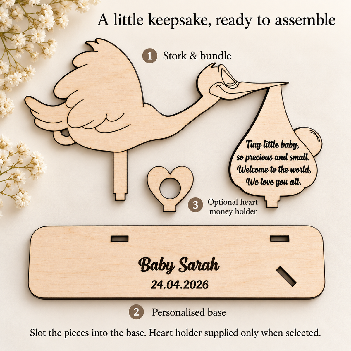 Wooden stork gift components: connected stork and bundle, display base and optional heart money holder