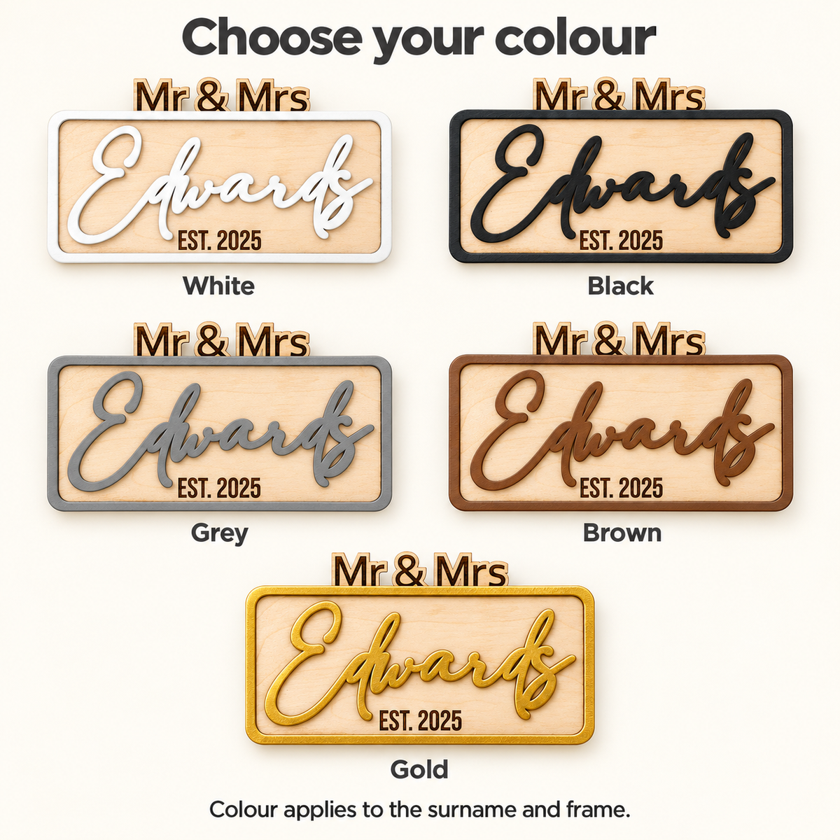 Wedding sign colour guide showing White, Black, Grey, Brown and Gold surname and frame options