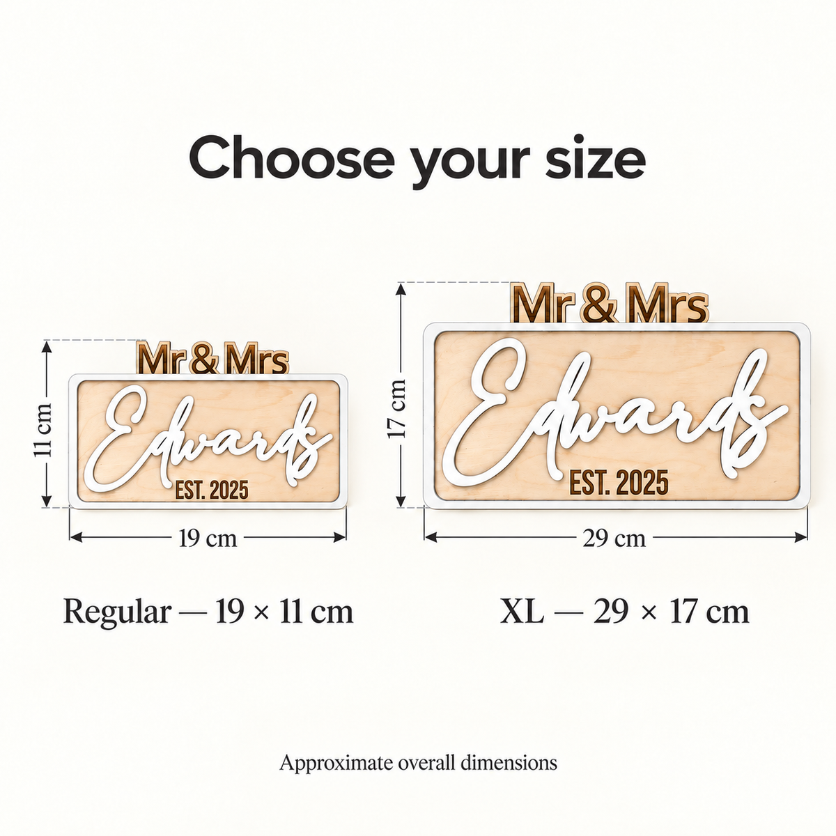 Wedding sign size guide comparing Regular 19 x 11 cm and XL 29 x 17 cm including the top titles