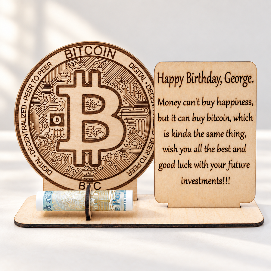 Personalised wooden Bitcoin coin with engraved birthday message and banknote holder on a wooden display base