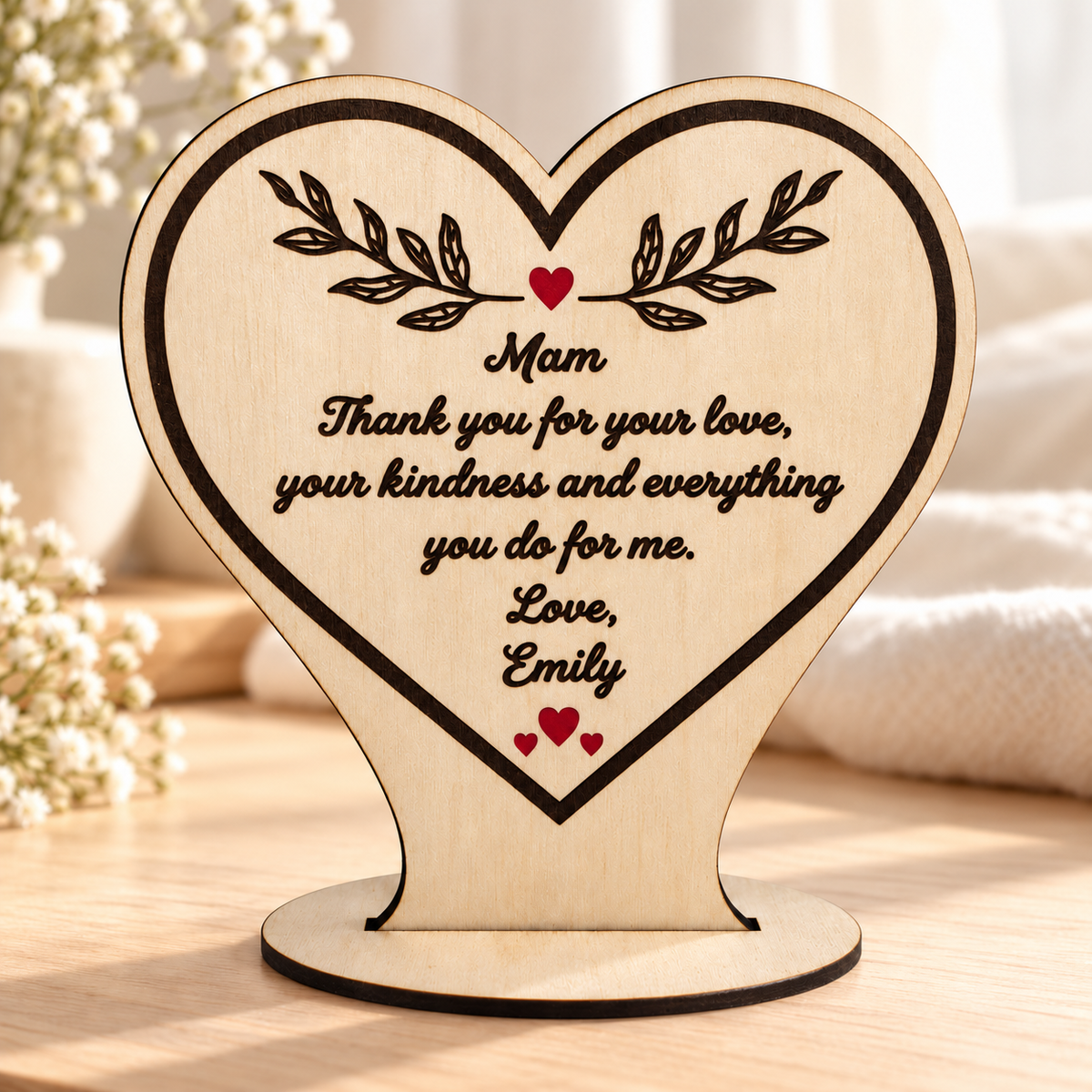 Personalised wooden heart gift for Mum with an engraved thank you message