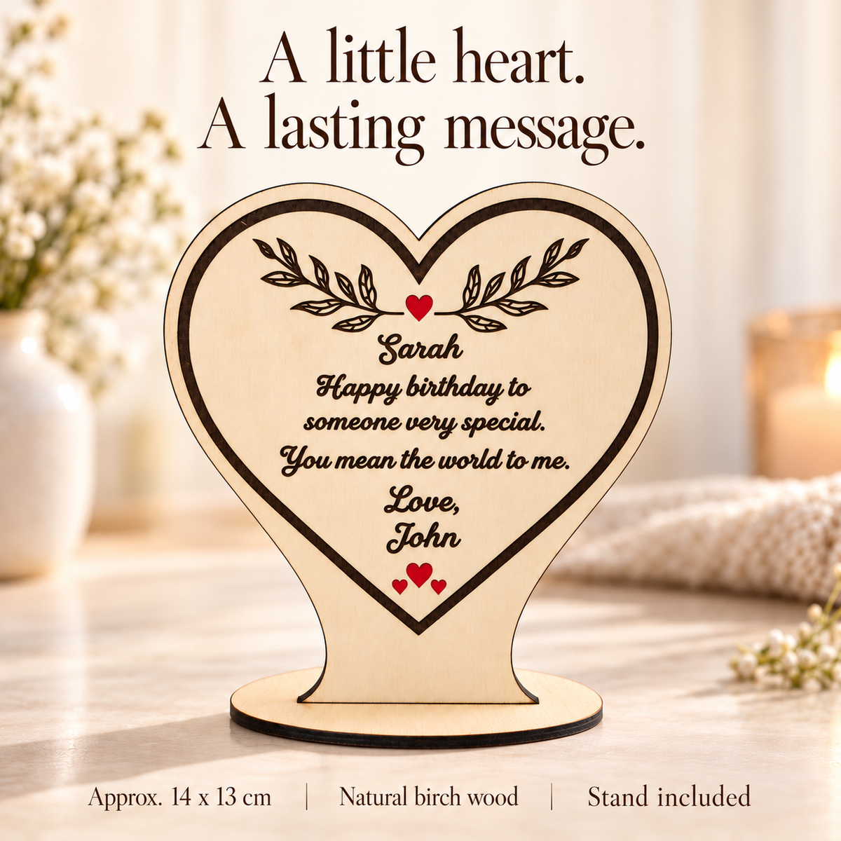 Wooden heart plaque approximately 14 x 13 cm, made from natural birch wood with a stand included