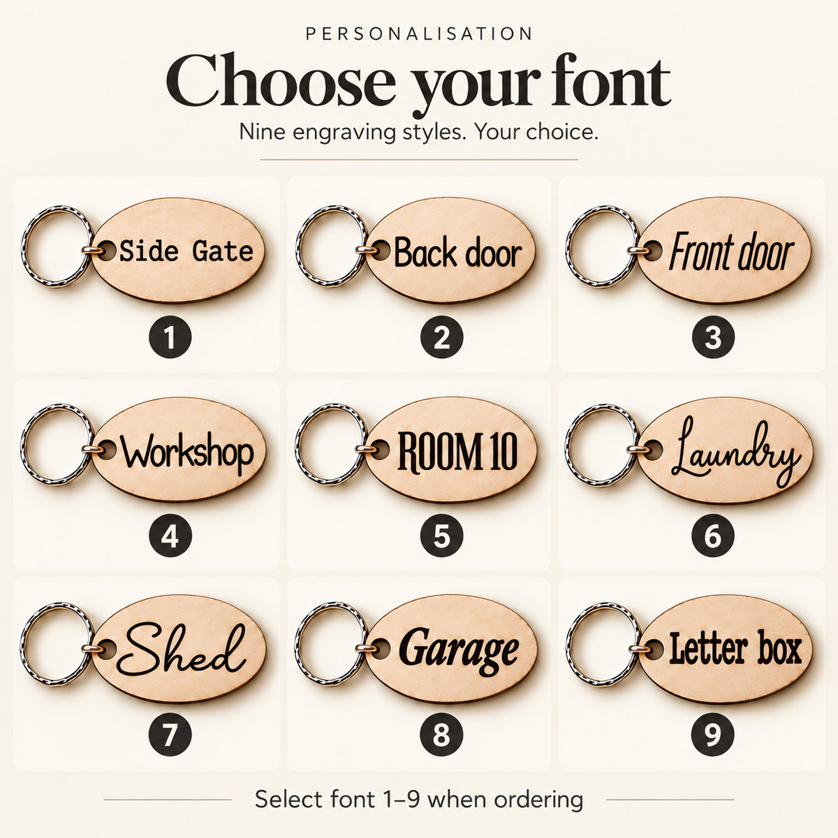 Nine numbered engraving font examples for personalised wooden keyrings, with numbers centred below each sample.