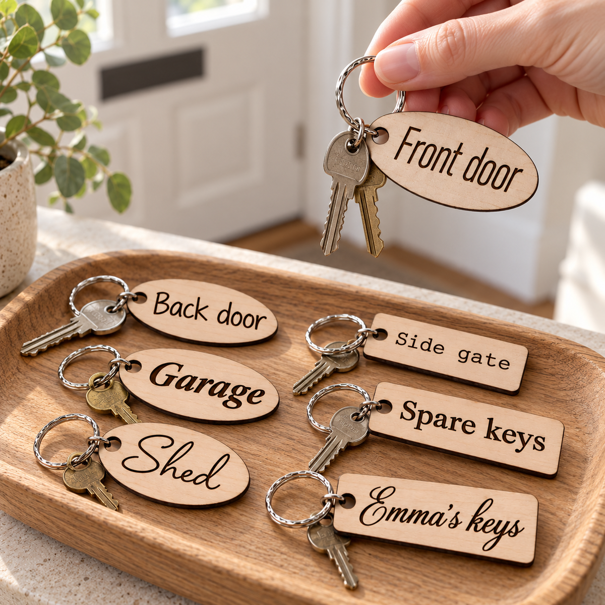 Personalised oval and rectangular wooden keyrings used to organise front door, back door, garage and shed keys at home.