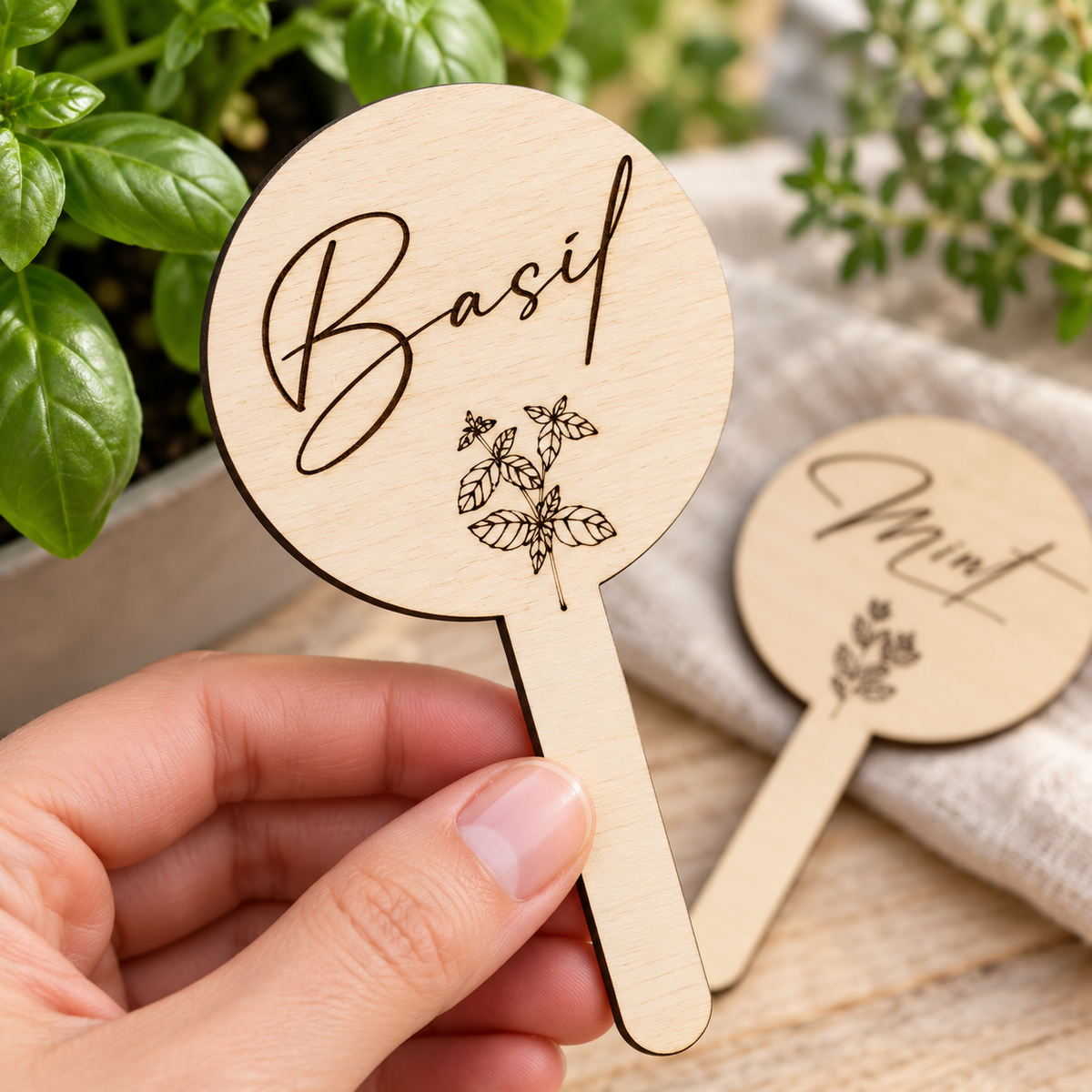 Close-up of black laser engraving and the Basil illustration on a wooden plant marker