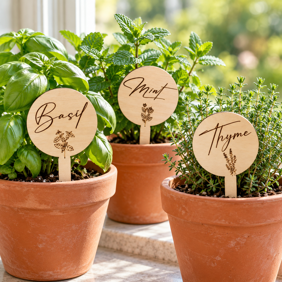 Basil, Mint and Thyme wooden herb labels in terracotta pots on a kitchen windowsill
