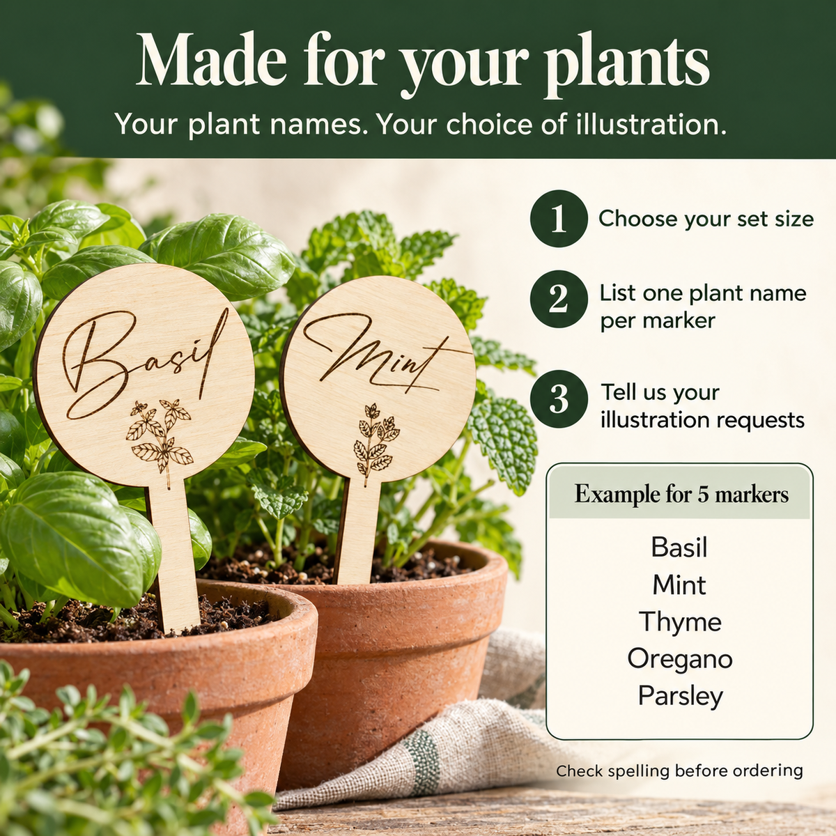 Personalisation guide: choose a set size, list one plant name per marker and add illustration requests