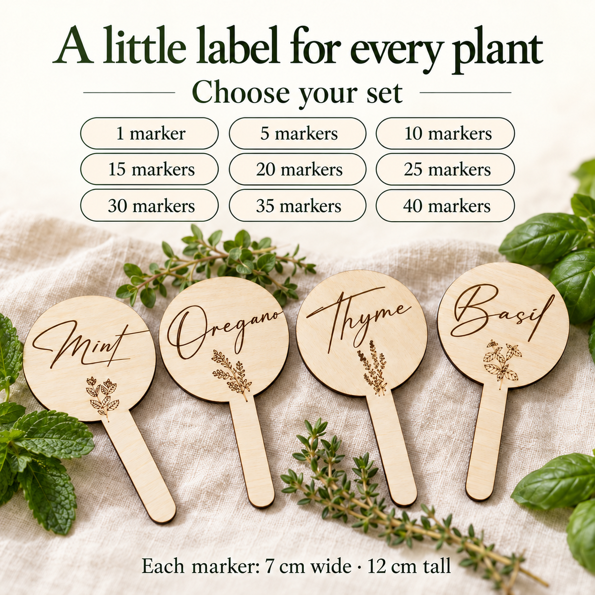 Plant marker set sizes from 1 to 40 and dimensions of 7 cm wide by 12 cm tall